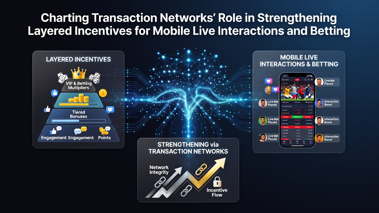 Diagramm zeigt vernetzte Transaktionsflüsse zwischen mobilen Nutzern und gestaffelten Belohnungssystemen in Live-Wetten