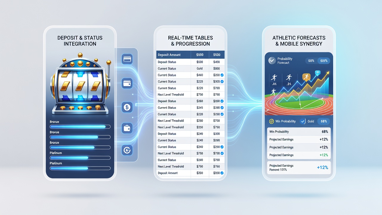 Illustration showing mobile interfaces connecting deposits to loyalty status levels across slots, live tables, and sports betting